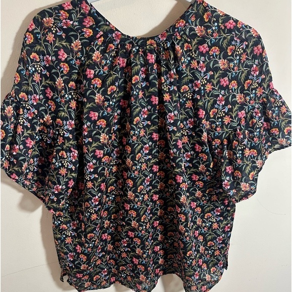Ann Taylor LOFT Black Pink Floral Blouse Gold Metallic Stripe size small - Picture 2 of 7